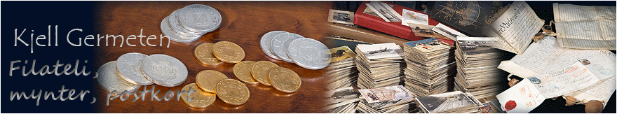 bilder av mynter, postkort og frimerker