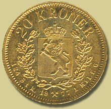 norsk gullmynt, 20 kr gull 1877, 01