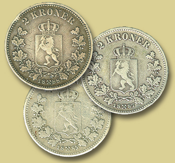 sølvtokroner 1885, 1887 og 1888