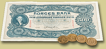 norske gullmynter og sedler